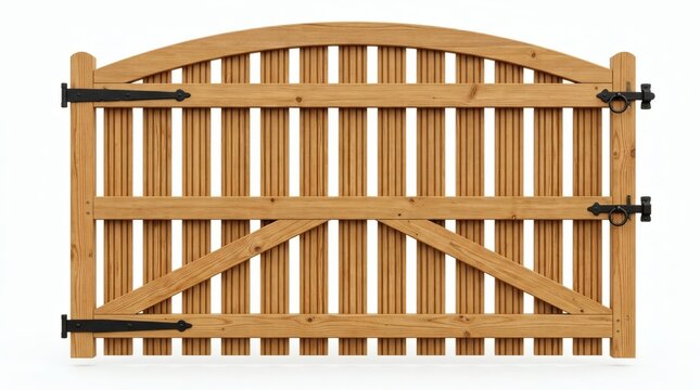 Rustic wooden garden gate with arched top, natural timber driveway gate with black metal hinges, traditional wood fencing for home security