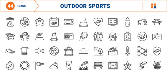 Naklejka premium Frisbee park game line icon set. Vector pictograms of disc golf, outdoor recreation, lawn sports, and park activity elements, thin linear illustration.