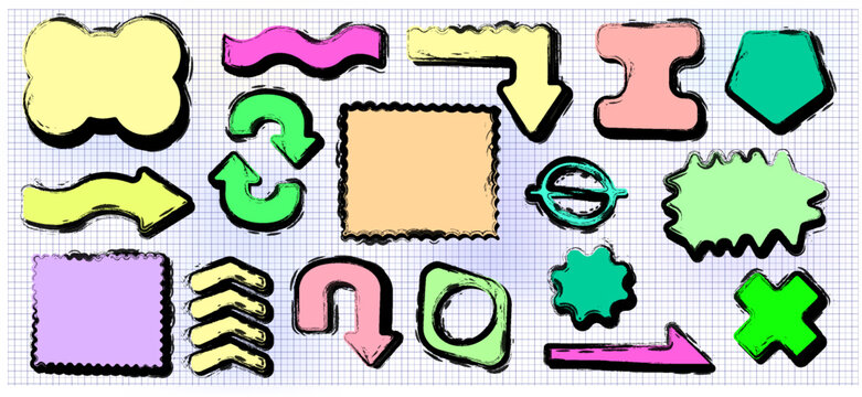 Colorful shapes in various forms with different outlines on a light background