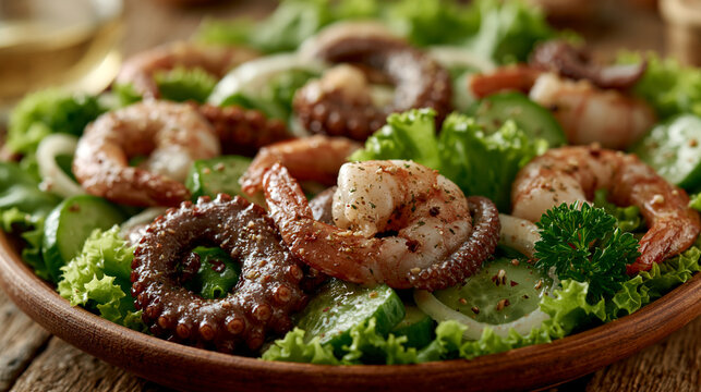 Seafood salad with grilled shrimp and octopus tentacles over fresh green lettuce