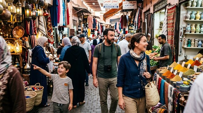 Bustling Moroccan Souk Market Scene with Diverse Shoppers and Colorful Stalls.