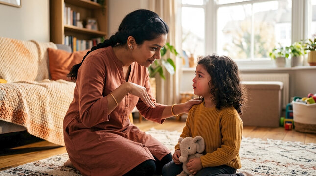 Gentle sign language communication between deaf mother and upset child sitting on carpet at home. Parent uses sign language communication to comfort toddler with elephant toy in living room.