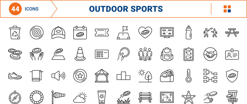 Frisbee park game line icon set. Vector pictograms of disc golf, outdoor recreation, lawn sports, and park activity elements, thin linear illustration.
