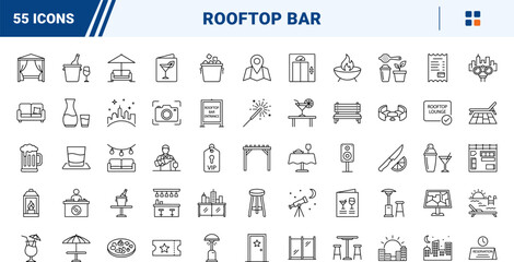 Fototapeta premium Rooftop Bar View line icon set. Vector pictograms of hospitality, entertainment, travel, and leisure elements, thin linear illustration.