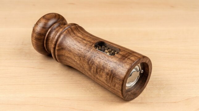 Rustic wooden pepper mill on light timber surface, handcrafted dark wood spice grinder, elegant kitchen seasoning tool for gourmet cooking