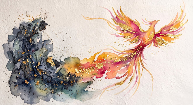 Mythical watercolor phoenix rising from ashes with gold foil, depicting transformation, emergence and rebirth