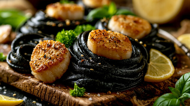 Black squid ink pasta swirls topped with seared scallops and lemon