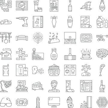 Set of vector linear icons on a white background, presenting a wide array of subjects, objects, and abstract representations for web design, applications, and digital interfaces