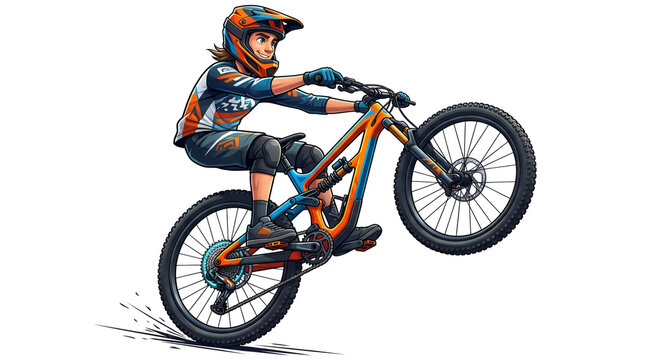 Energetic mountain bike vector showing a rider performing a wheelie