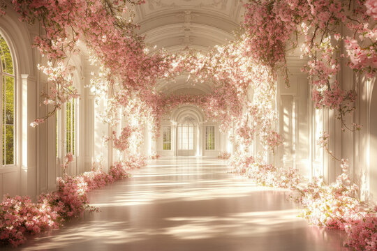 Enchanted White Victorian Hall with Pink Floral Vines. A high-key, realistic photograph capturing the ethereal beauty of a grand, white French Victorian or neoclassical palace interior.