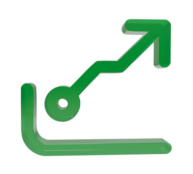Three dimensional green upward trending arrow icon representing business growth and financial success transparent background