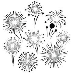 Obraz premium Fireworks silhouette vector illustration showing various explosion bursts for festivals.