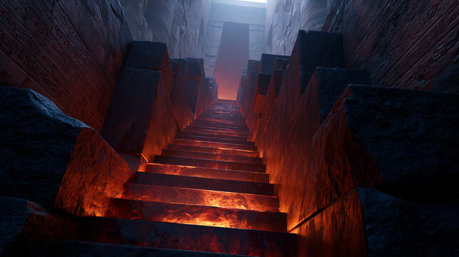 Ancient volcanic corridor with illuminated stairs