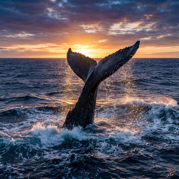 Humpback whale tail fluke dipping into ocean during sunset majestic marine wildlife