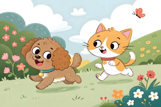 Happy cartoon dog and cat running in grassy field