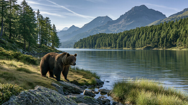 Brown bear near a calm alpine lake and forest
