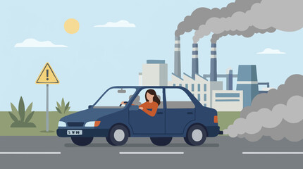 Naklejka premium Air Pollution from Industrial Factories and Car Exhaust Emission