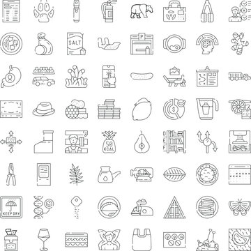 Large set of various linear black symbols, pictograms, and signs representing a wide range of everyday objects, abstract concepts, food, and activities, perfect for ui design and web elements
