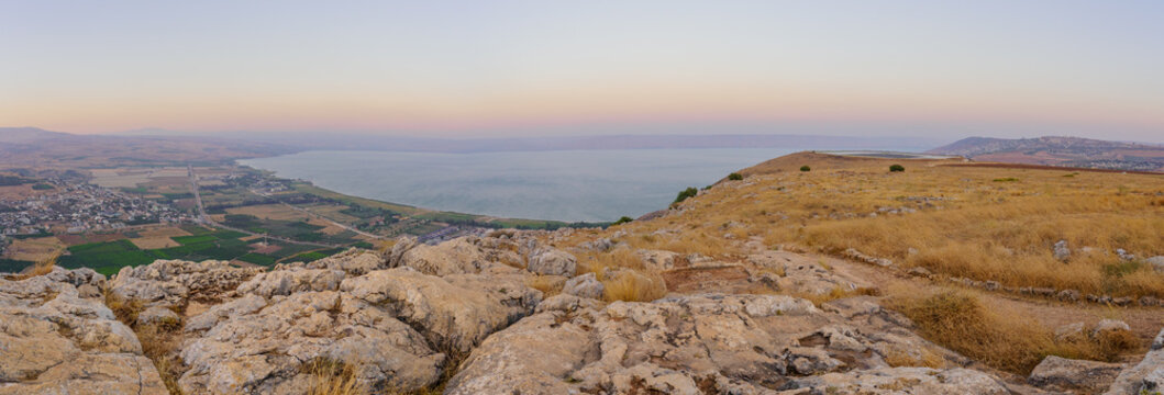 Sea of Galilee sunset panorama, from Mount Arbel