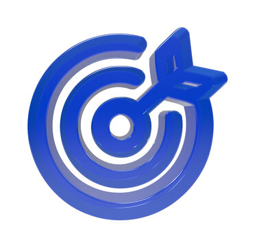 A shiny blue threedimensional target icon with an arrow hitting the bullseye center transparent background