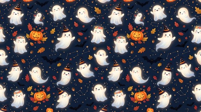 Seamless halloween pattern with cute ghosts and pumpkins