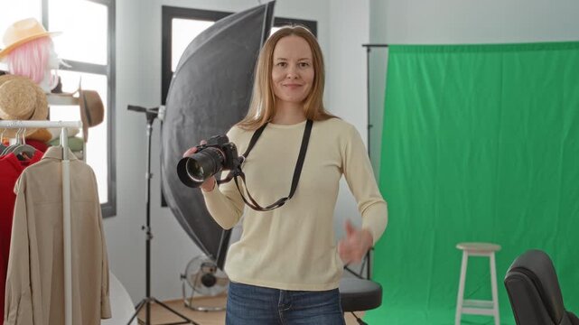 Young woman photographer holding dslr camera with strap and giving thumbs up amid green screen, softbox, mannequin head, clothing rack and stool in studio; confidence creativity.