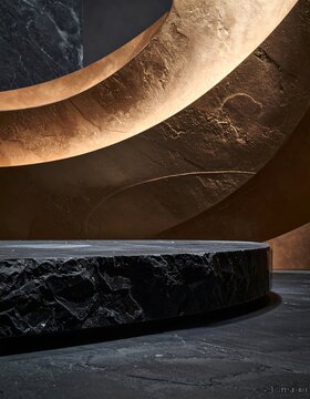 Dark stone pedestal with textured golden circular background for luxury product display 3D render
