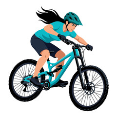 Fototapeta premium Young woman in helmet riding a mountain bike downhill with determination and focus, active sport concept