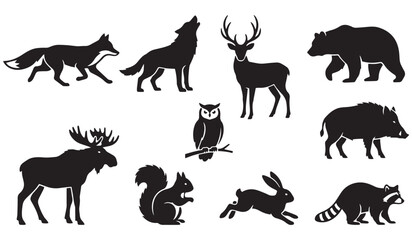 Obraz premium Set of black silhouettes of forest and wild animals including fox, wolf, deer, bear, moose, owl, wild boar, squirrel, rabbit, and raccoon isolated on a white background. Vector illustration