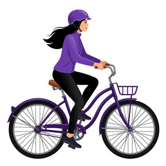 Fototapeta premium Young Woman Riding a Purple City Bicycle Wearing Helmet and Sportswear Vector Illustration