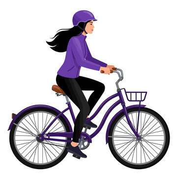 Young Woman Riding a Purple City Bicycle Wearing Helmet and Sportswear Vector Illustration