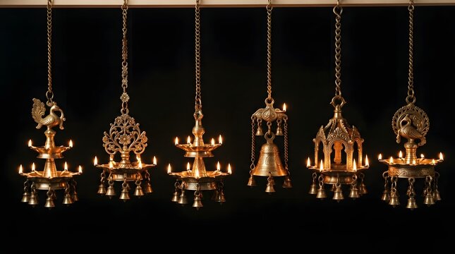 Collection of traditional hanging indian brass oil lamps and temple bells