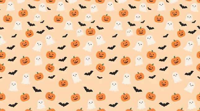 Seamless halloween pattern with cute ghosts, pumpkins, and bats