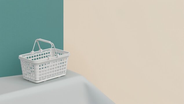 White basket on teal and beige corner backdrop