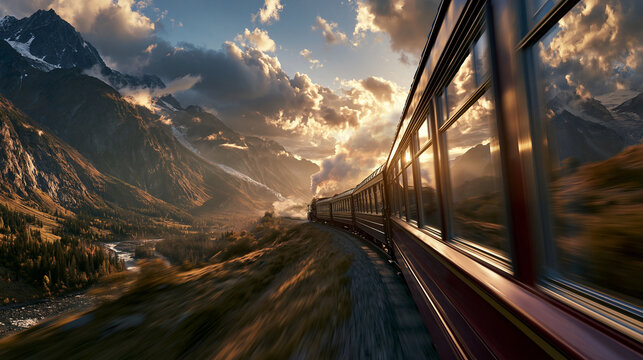 Scenic railway passing dramatic mountains at sunset