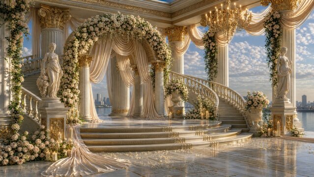 Classical stone terrace overlooking a mountain landscape