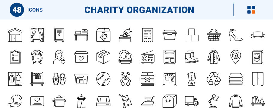 Declutter donate box line icon set. Vector pictograms of charity, organization, recycling, and storage elements, thin linear illustration.