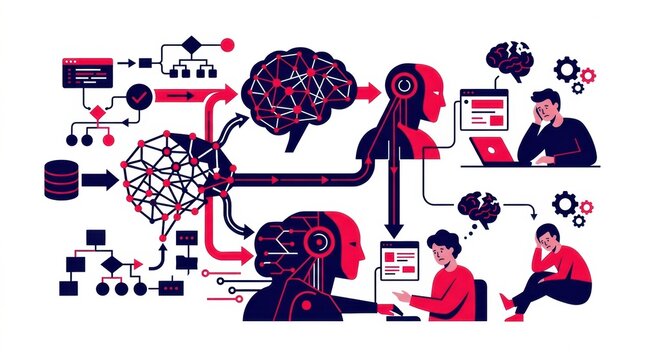 The interaction of humans and artificial intelligence within a workspace. It highlights AIs impact on decisions and collaboration.