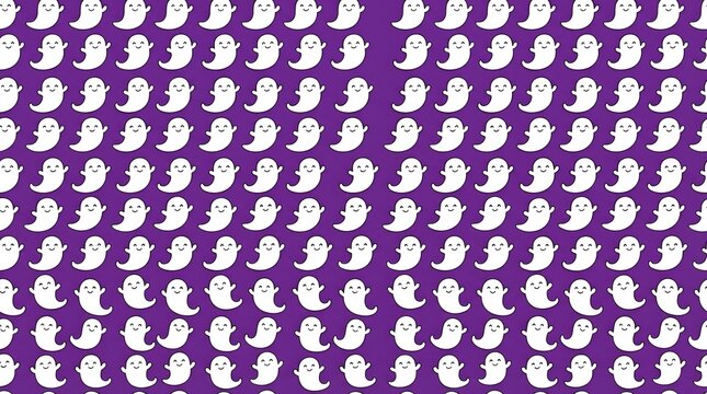Seamless pattern with grid of cute white ghosts on purple