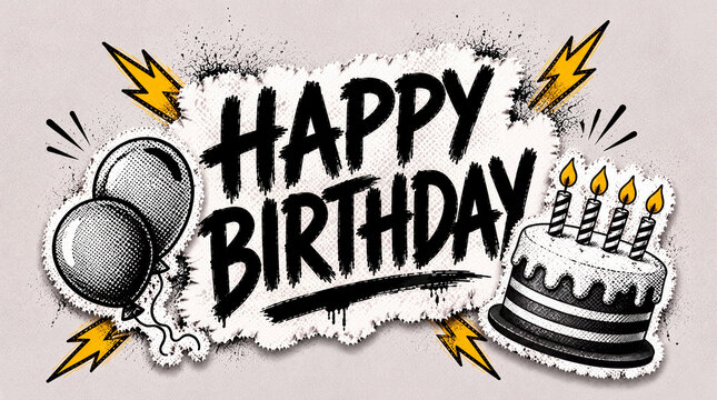 Pop Art Halftone Happy Birthday Celebration with Balloons and Cake, Party Greeting and Birthday Event Concept in Distressed Torn Paper Collage Style