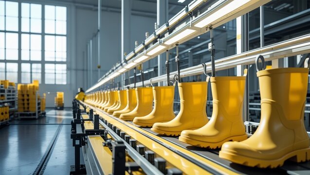 Yellow rubber boots on a conveyor belt in a modern factory production line