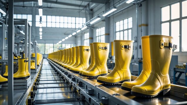 Yellow rubber boots lined up on a factory conveyor belt for production