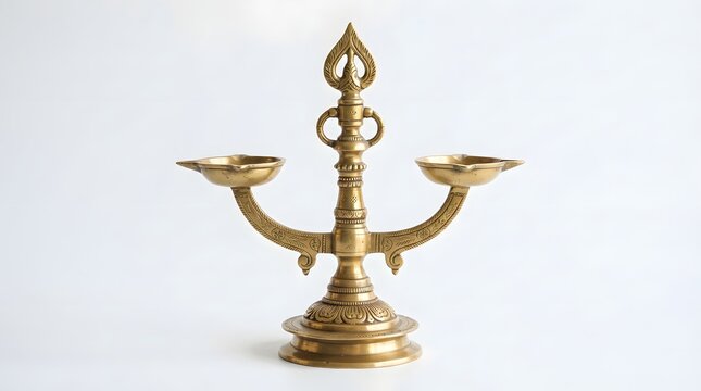 Doublespouted traditional brass oil lamp stand, or deepam, isolated on white background