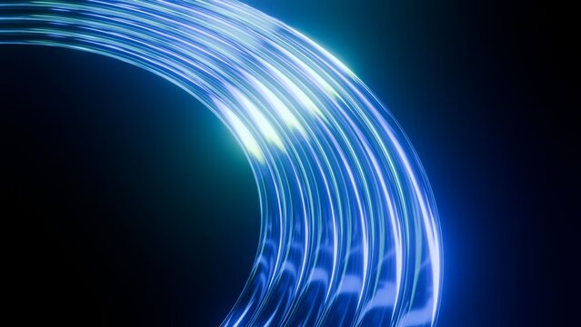 Abstract glowing blue fiber optic arc background with neon lights, Futuristic high speed data transmission 3D render