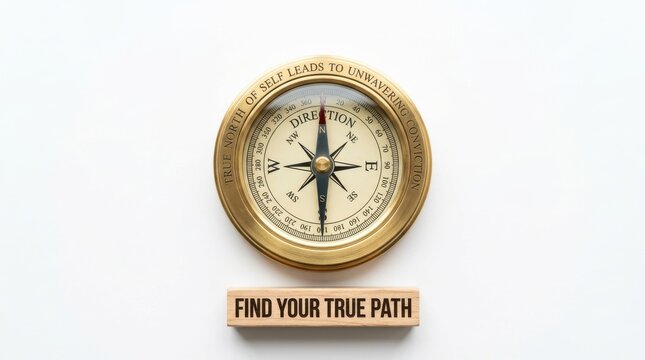 Golden compass pointing towards true north with inspirational quote