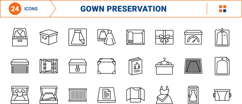 Bridal gown preservation line icon set. Vector pictograms of wedding, dress, box, and storage elements, thin linear illustration.