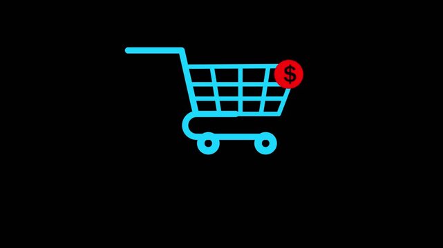 A bright blue shopping cart icon on a black background featuring a red circular badge with a white dollar sign, representing a paid item or pricing. keyword dao