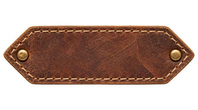 Brown leather label with metal rivets isolated on transparent background