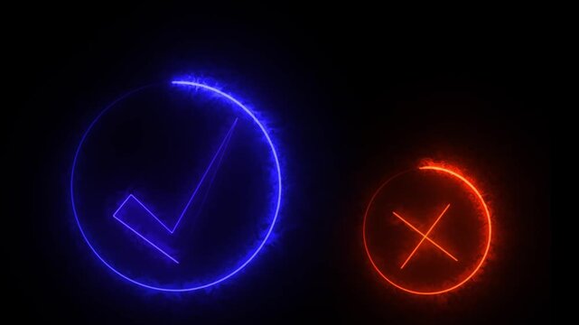 Neon check mark and x cross symbols glowing in blue and red on black background, x mark