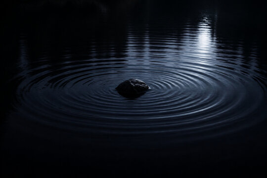 Small stone sending ripples across dark pond, repercussion and consequence concept
